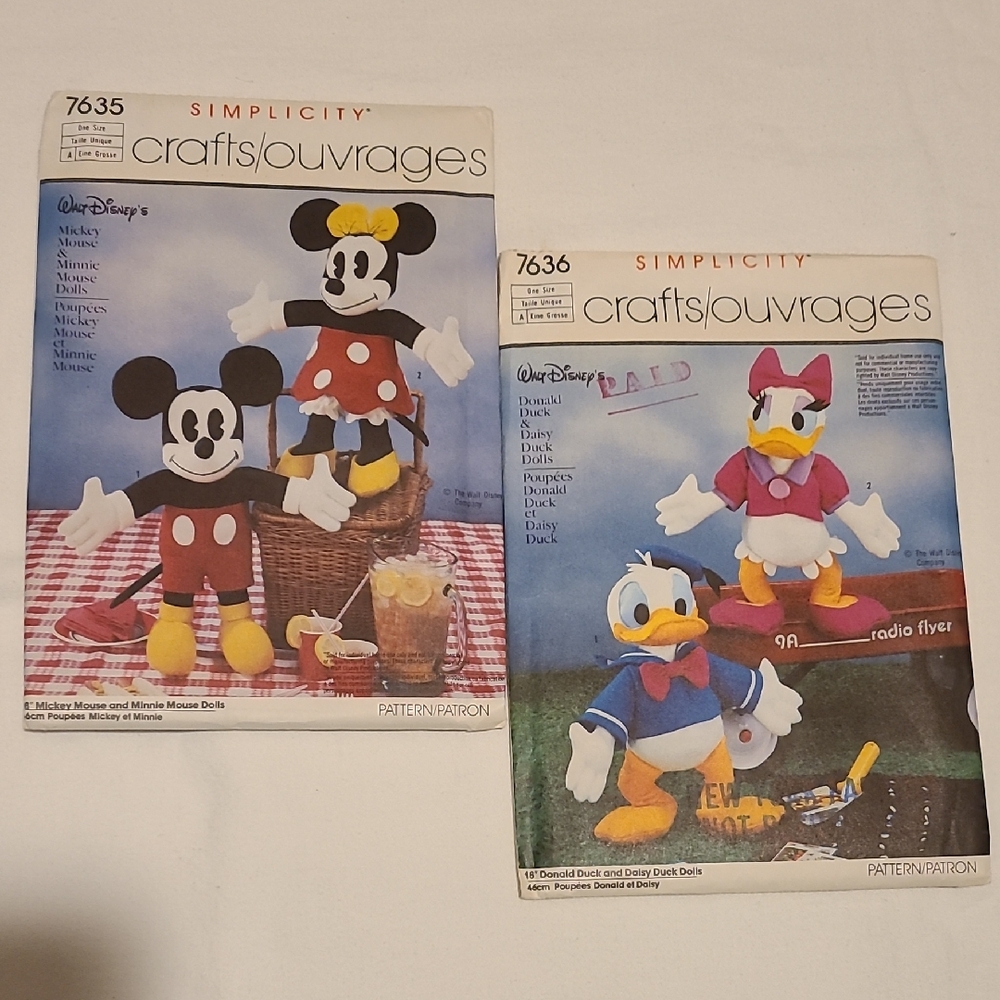 Simplicity Sewing Pattern Disney Mickey Minnie Donald Daisy Vintage 1986 Doll